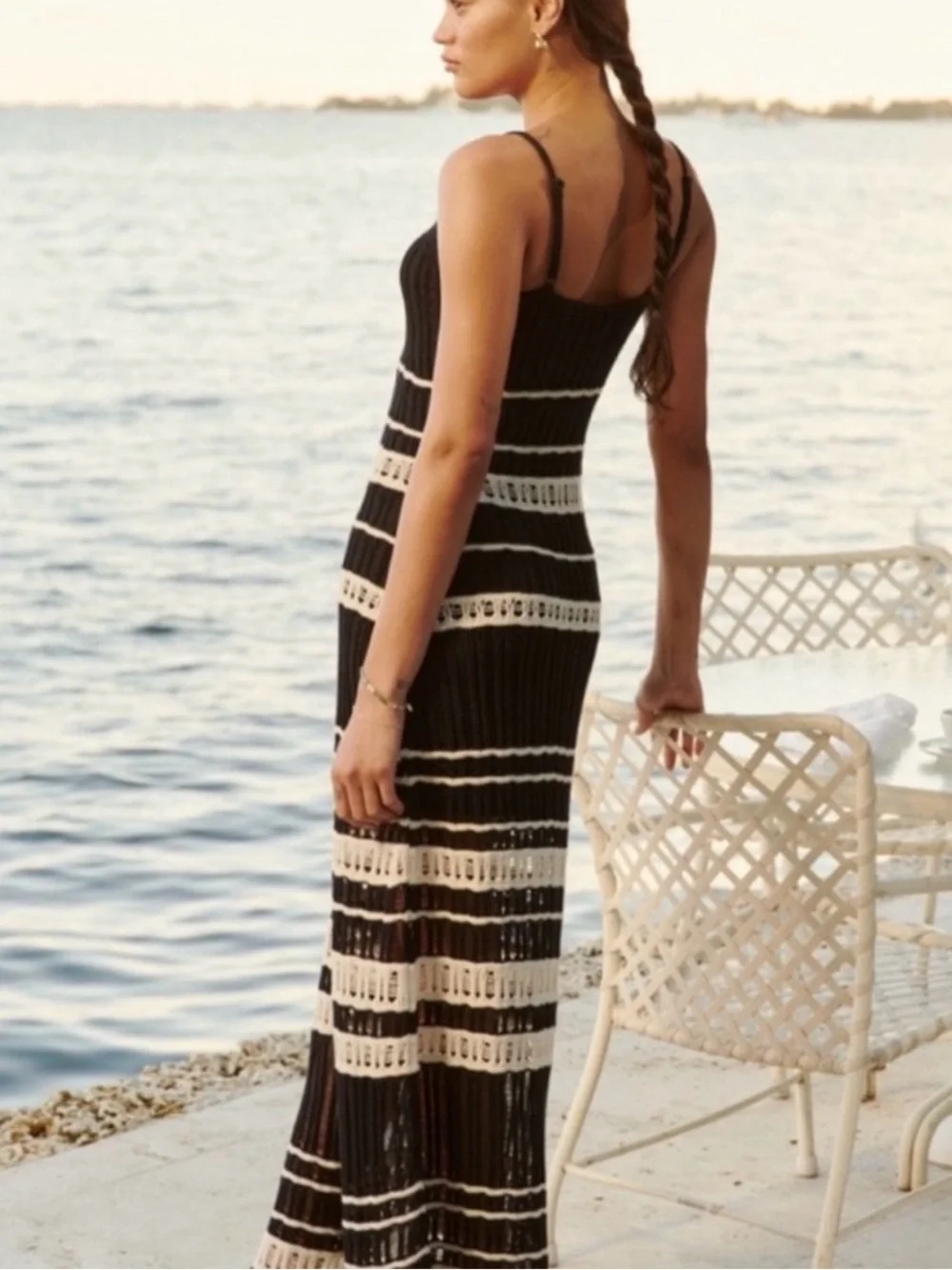 NWT Abercrombie & Fitch Crochet Striped Maxi Dress in Black/Cream Size M
